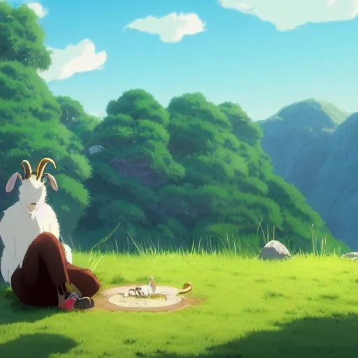 Prompt: a wholesome animation key shot of a goat smoking a joint, studio ghibli, pixar and disney animation, sharp, rendered in unreal engine 5, anime key art by greg rutkowski, bloom, dramatic lighting