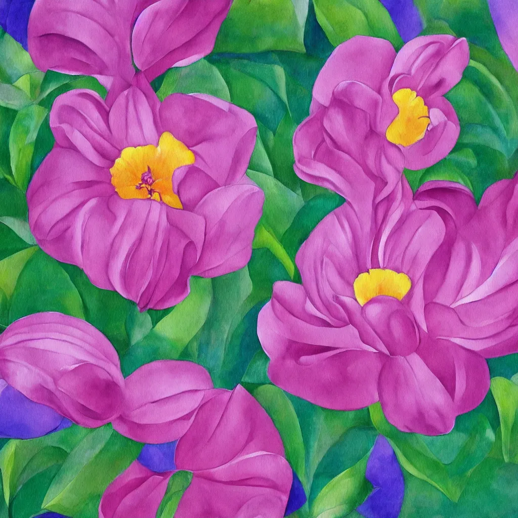 Image similar to a painting of a beautiful flower in the style of georgia o'keeffe, pink and purple colour scheme.