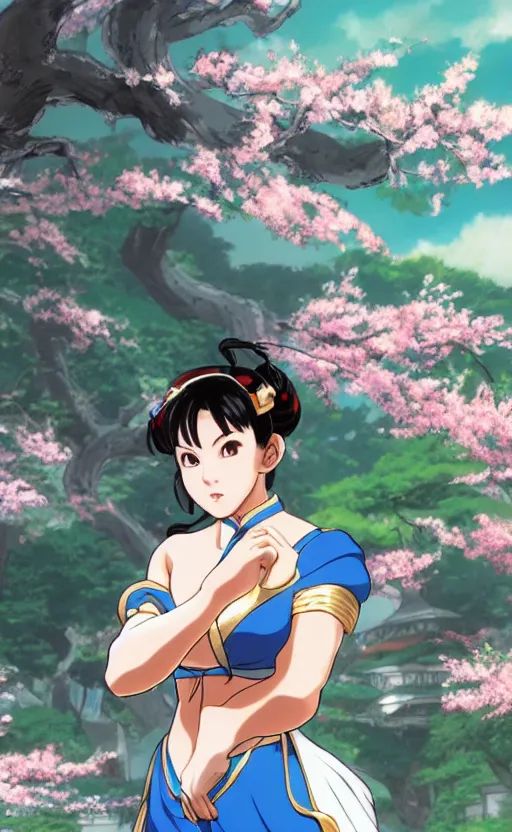 Image similar to an ultrawide photo of chun li standing in front of sakura trees, studio ghibli concept art, detailed, beautiful face, beautiful eyes, beautiful lighting, hdr, 4 k