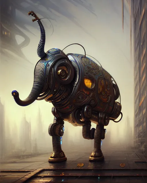 Prompt: low angle shot of a cyberpunk elephant robot character, intricate, elegant, highly detailed, centered, digital painting, artstation, concept art, smooth, sharp focus, illustration, artgerm, tomasz alen kopera, peter mohrbacher, donato giancola, joseph christian leyendecker, wlop, boris vallejo