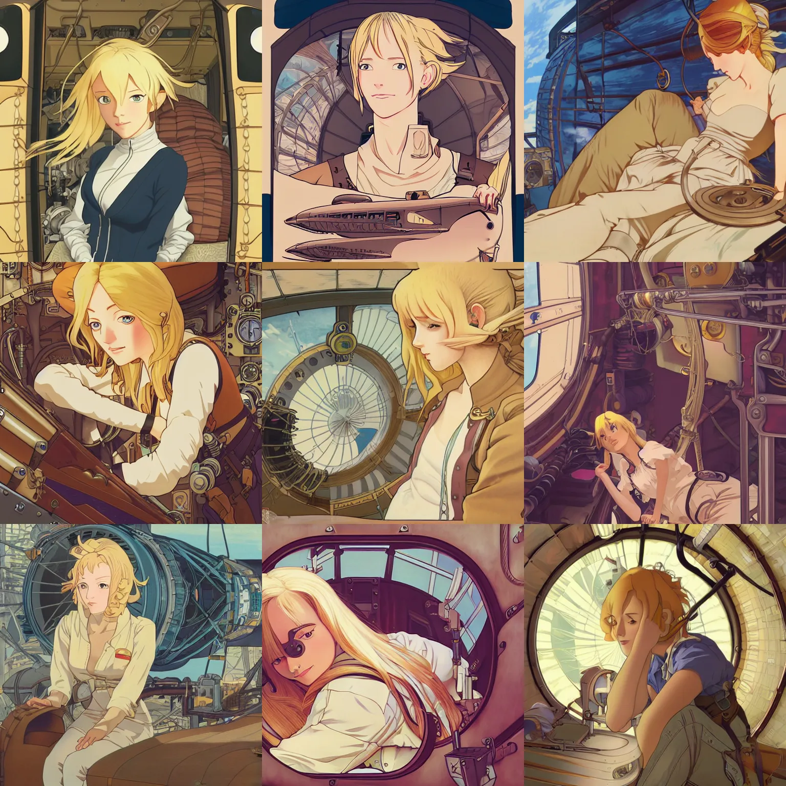 Prompt: Portrait of a blonde female airship mechanic waking up in her cramped bunk, steampunk, defined facial features, highly detailed, illustration, Makoto Shinkai and Studio Ghibli anime screenshot, by Ilya Kuvshinov and Alphonse Mucha