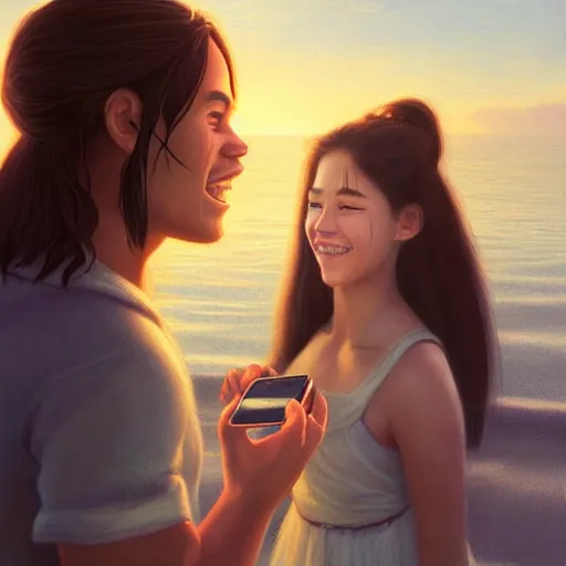 Image similar to beautiful serene intricate portrait of katara and toph taking a selfie, smiling softly, relaxing on the beach, golden hour, soft focus, 8 k, art by irakli nadar, hyperrealism, hyperdetailed, ultra realistic