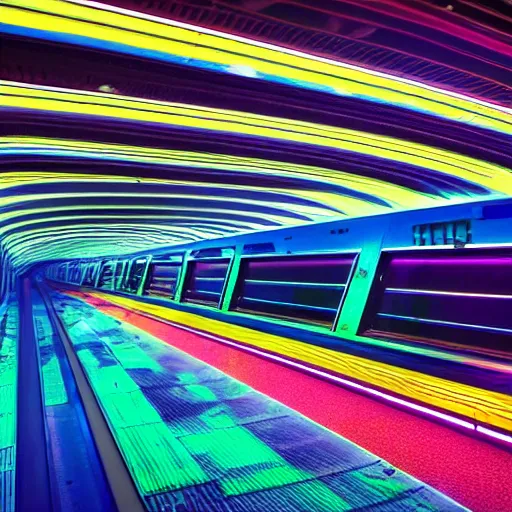 Image similar to space train station, futuristic, external view, neon colours, highly saturated, high def, 8 k, hd, highly detailed,