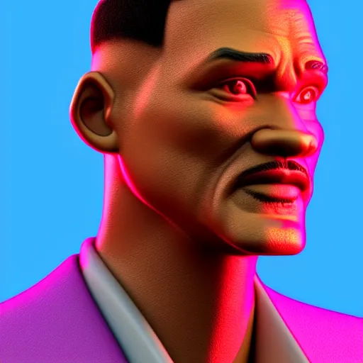 Image similar to a detailed 3 d render of a sad handsome will smith poorly disguised as a cyborg in the style of junji ito and lisa frank, vray, 8 k, ornate, photorealistic, zbrush, unreal engine, cinema 4 d, octane renderer