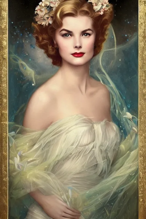 Image similar to a young and extremely beautiful grace kelly infected by night by tom bagshaw in the style of a modern gaston bussiere, art nouveau, art deco, surrealism. extremely lush detail. melancholic scene infected by night. perfect composition and lighting. profoundly surreal. high - contrast lush surrealistic photorealism. sultry and mischievous expression on her face.