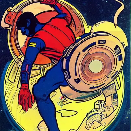 Prompt: a man, floating in space. he is an astronaut, wearing a space suit. he is fixing his space rocket. well composed, clean elegant painting, beautiful detailed face. comic book art by steve ditko and jack kirby and ( alphonse mucha )