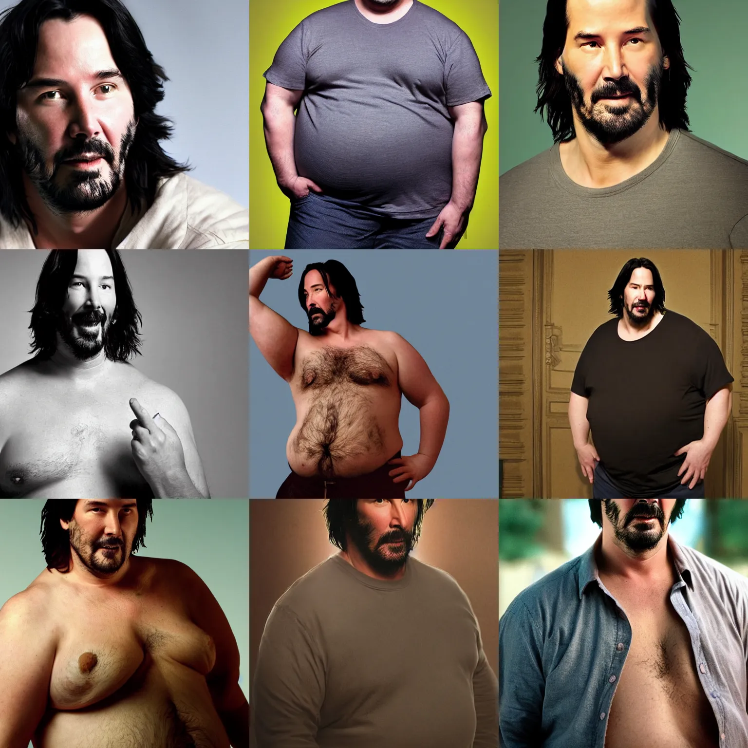 Prompt: obese keanu reeves with exposed belly on close medium portrait on real photograph, 8 k film still