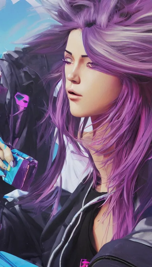 Prompt: A ultradetailed beautiful portrait panting of a graffiti writer from the future with purple hair and streetwear style on a futuristic car, bright sunny day, Oil painting, by Ilya Kuvshinov, Greg Rutkowski and Makoto Shinkai