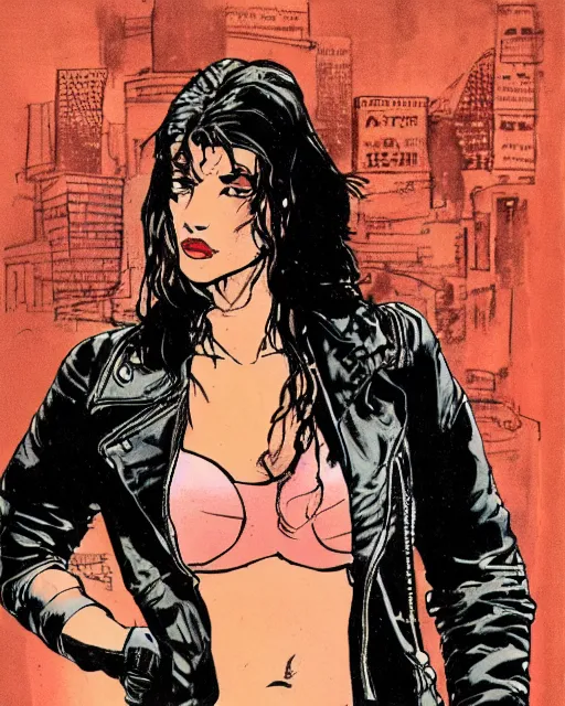 Prompt: young female protagonist in leather jacket, city street, artwork by frank miller