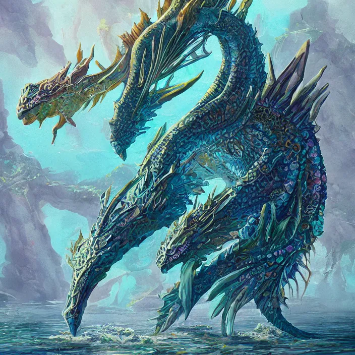 Image similar to underwater sea dragon full body, d & d style, trending on artstation, intricate, highly detailed, vivid painting, colorful, art by alexandr leskinen