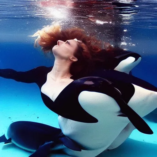 Prompt: gorgeous woman underwater with an orca whale trying to eat her