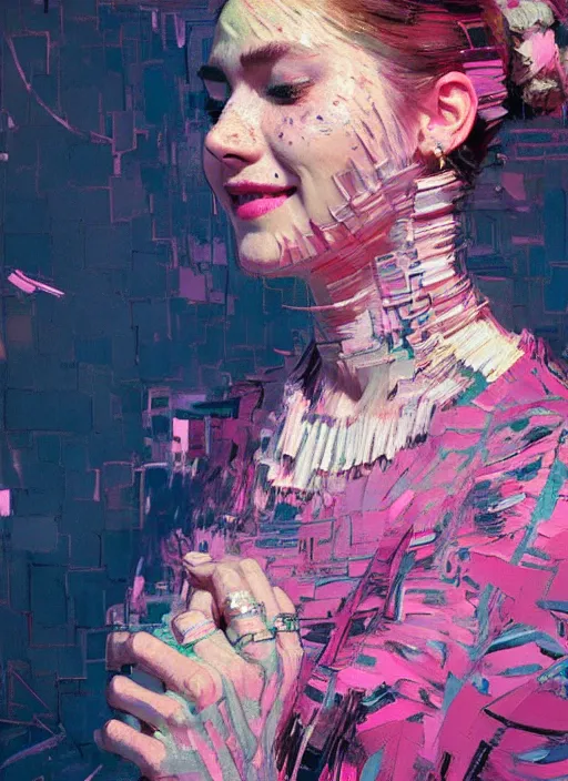 Prompt: portrait of a beautiful girl, smiling, ecstatic, dancing, eyes closed, open mouth, shades of pink, beautiful face, rule of thirds, intricate outfit, spotlight, by greg rutkowski, by jeremy mann, by francoise nielly, by van gogh, digital painting