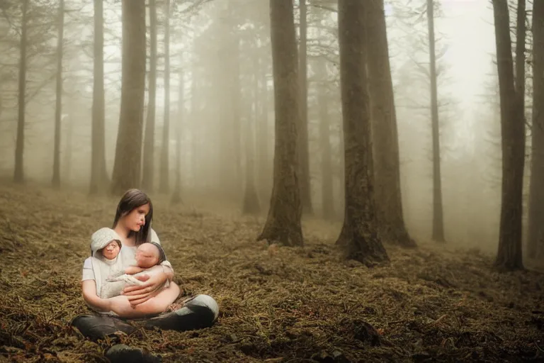 Image similar to a cinematic photo of a young woman with dark hair holds a baby in a dark, foggy forest, closeup, masterpiece