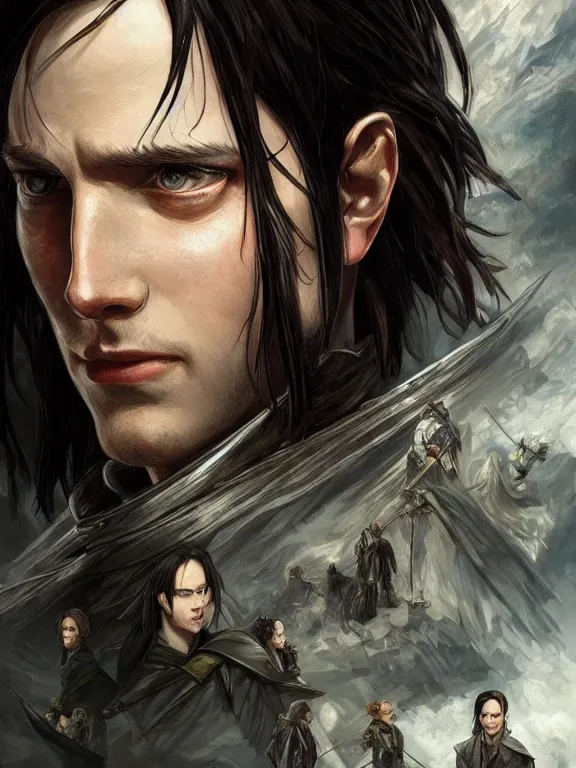 Image similar to levi ackerman, the lord of the rings, hyper detailed,, 8 k realistic, trending in artstation, digital painting, studio quality, cryengine, frostbite 3 engine, character design, smooth, sharp focus, art by artgerm and greg rutkowski and alphonse mucha and ian sprigger and wlop and krenz cushart