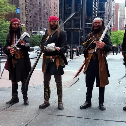 Image similar to real pirates standing with they swords ready in the middle of the road in new york city.