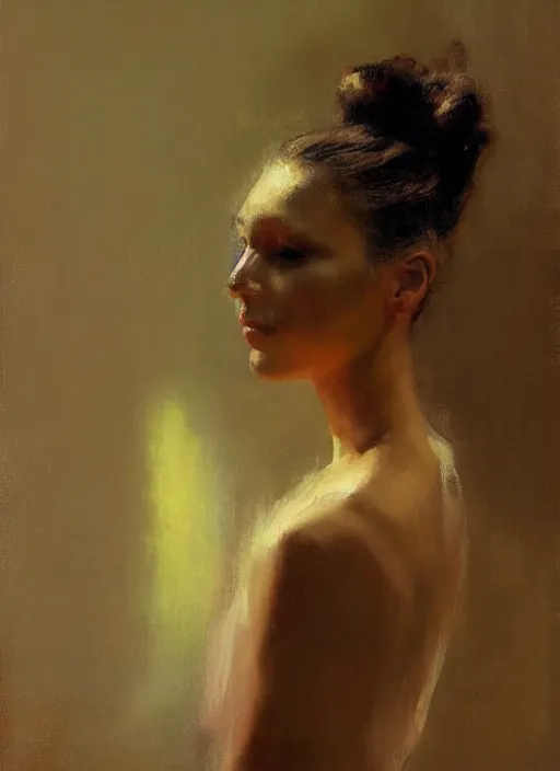 Prompt: beautiful portrait painting of a woman posing in an artistic pose holding her hair bun over a bed, by jeremy mann, only one head single portrait