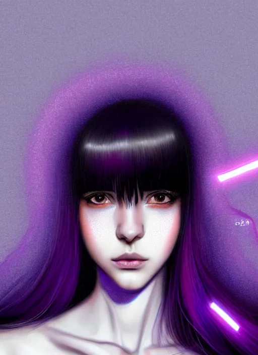 Image similar to hair whitebangs hair, black hair, whitebangs, portrait of teenage girl with white bangs, red irises, purple clothes, white bangs, bangs are different color from hair, intricate, elegant, glowing lights, highly detailed, digital painting, artstation, concept art, smooth, sharp focus, illustration, art by wlop, mars ravelo and greg rutkowski