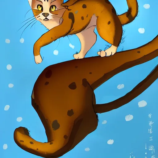 Image similar to golden cat with a black spot on her trunk, an old house with a window over a hill, blue sky, trending on artstation, trending on deviantart, by studio ghibli