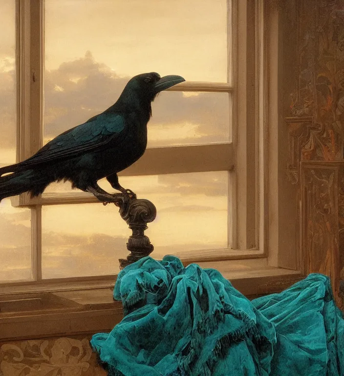 Prompt: a beautifully photoreal clear detailed victorian portrait of a close up raven on a victorian windowsill with an ornate velvet dark teal curtain at beautiful sunset daytime nature sunlit painting by frederic leighton and turner and morris and rosetti, 8 k, octane render