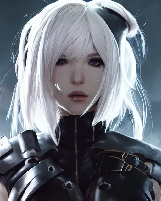 Image similar to full shot league of legends portrait of 2 b nier automata wearing a latex suit, au naturel, hyper detailed, digital art, trending in artstation, cinematic lighting, studio quality, smooth render, unreal engine 5 rendered, octane rendered, art style by klimt and nixeu and ian sprigger and wlop and krenz cushart.