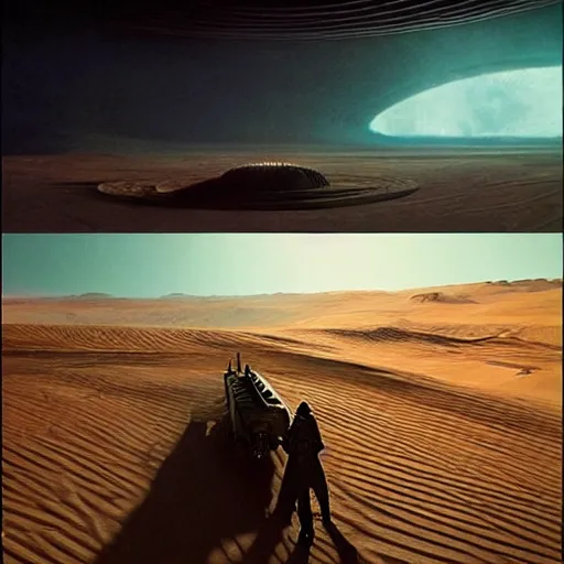 Image similar to colour aesthetic highly detailed photography scene from dune ( 2 0 2 1 ) by denis villeneuve and gregory crewdson style with hyperrealistic highly detailed faces. many details by andrei tarkovsky and caravaggio in sci - fi style. volumetric natural light hyperrealism