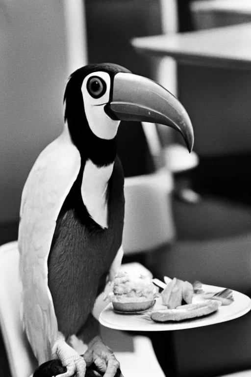 Image similar to an anthropomorphism toucan enjoying a meal at mcdonalds, photo taken in 1 9 6 6, highly detailed photography, 3 5 mm, natural light, bokeh effect