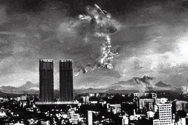 Image similar to a filmstill of Kim Jong-il, monster destroying Pyongyang, in Godzilla (1954) by Ishirō Honda, traditional Korean city, palace, epic ultrawide shot, cinémascope