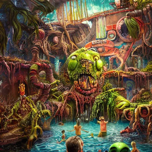 Image similar to the swimming pool of terror, on ancient post - apocalyptic planet, jim henson creature shop, vivid and colorful, thomas kincaid, cinematic, oil painting, highly detailed, illustration