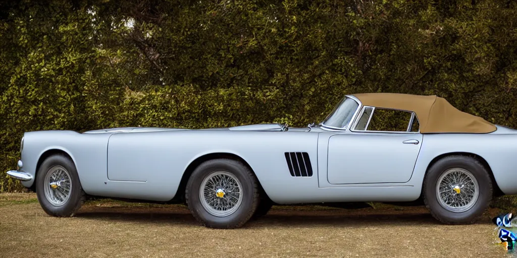 Prompt: photograph, 1958 FERRARI 250 GT, cabriolet, by Peter Singhof, press release, cinematic, PCH, 8k, depth of field, bokeh. rule of thirds