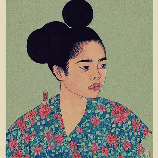 Prompt: “ tessa thompson portrait by ikenaga yasunari and ayana otake and ko rakusui, 6 0 s poster, drawing, realistic, sharp focus, japanese, dreamy, nostalgia, faded, golden hues, floral clothes, porcelain skin ”