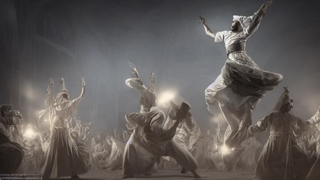 Image similar to tyrkisk sufi dance, sufi, arabic words, bysintine, gothic, 4 k, smokey, michael whelan, peter mohrbache, giovanni paolo panini style epic, volumetric light, insanely detailed, unreal engine render, artstation trends, hyper detail, epic art style, cinematic, concept art, soft white gold lights