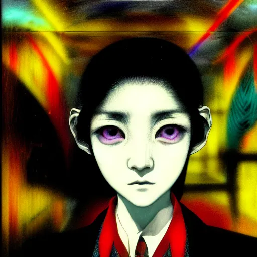 Image similar to yoshitaka amano blurred and dreamy three quarter angle portrait of a young woman with white hair and black eyes wearing dress suit with tie, playstation 2 horror game, junji ito abstract patterns in the background, satoshi kon anime, chungking express color palette, noisy film grain effect, highly detailed, renaissance oil painting, weird portrait angle