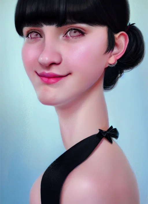 Image similar to portrait of teenage girl, realistic, black hair, bangs, half updo hairstyle, pointy nose, skinny, smile, ugly, defined jawline, big chin, pink hair bow, earrings, intricate, elegant, glowing lights, highly detailed, digital painting, artstation, sharp focus, illustration, art by wlop, mars ravelo and greg rutkowski