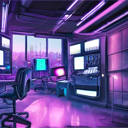 Image similar to a cyberpunk room, big windows overlooking a futuristic and neon city, in the middle of the room an otter typing on a computer terminal wearing big headphones, hyper realistic