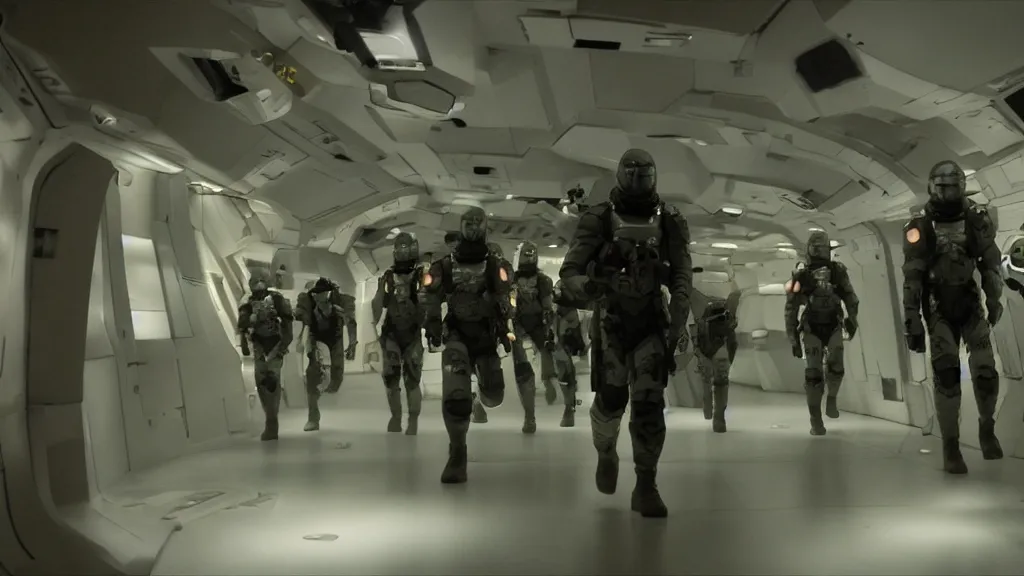 Image similar to sci-fi action movie cinematography of space soldiers moving tactical formation through spaceship corridor. By Emmanuel Lubezki