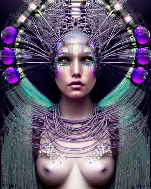 Image similar to hyperrealistic detailed portrait of a beautiful goddess in an iridescent cyber headdress, intricate cyberpunk make - up, art by android jones, john william godward, nekro borja, h. r. giger, gothic - cyberpunk,