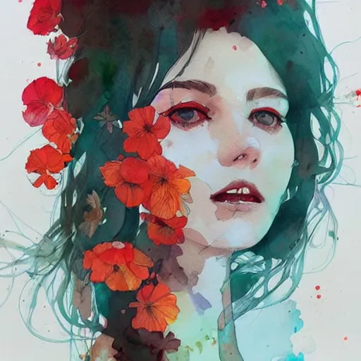 Prompt: watercolor painting by conrad roset, flowers growing out, cgsociety, artstation