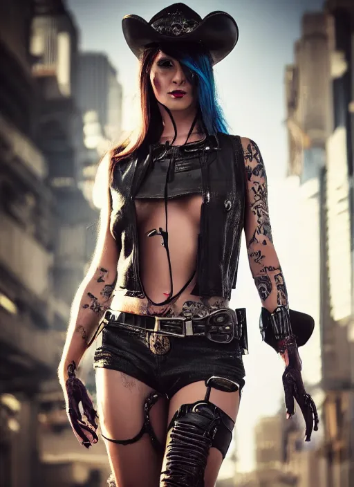 Image similar to full body realistic photograph of a cyberpunk cowgirl beautiful face, intricate clothing, 4 k, cinematic