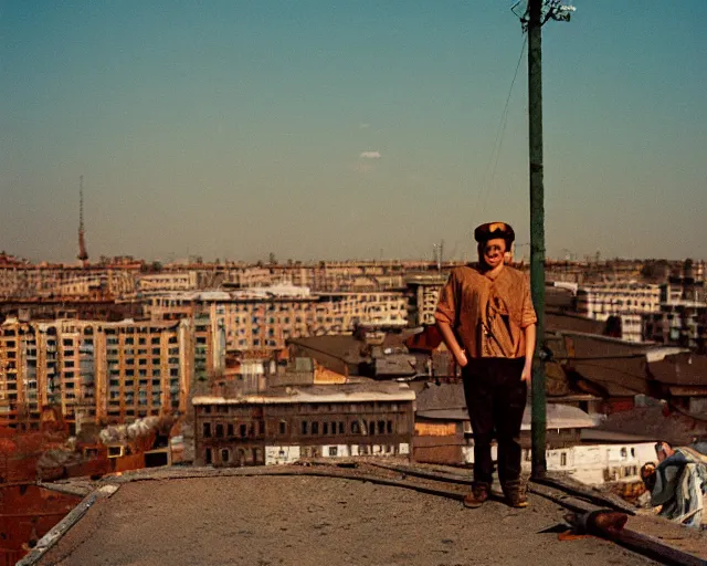 Prompt: lomo photo of man standing on the roof of soviet hrushevka, small town, cinestill, bokeh, out of focus