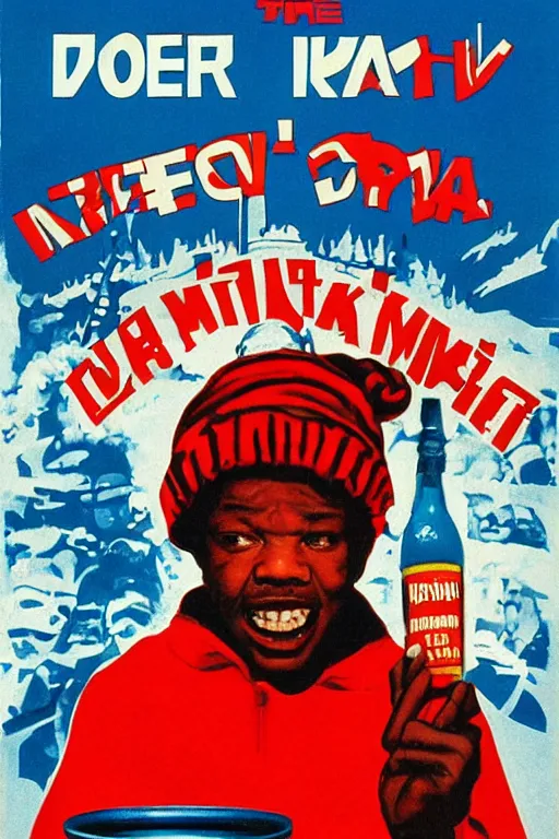 Image similar to poster the movie 1 9 8 8 ussr don't be a menace to south central while drinking your juice in the hood, perfect symmetrical eye, soviet russian winter fur cap with earflaps ushankas vodkra kremlin babushka communist