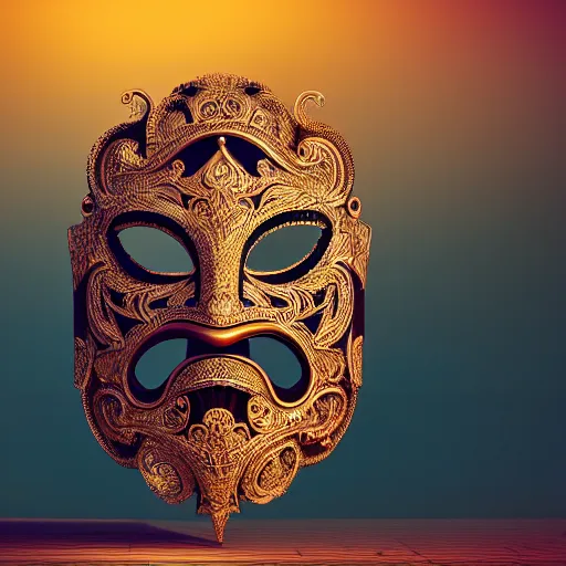 Image similar to an elaborate intricate mask in swirling wind, rendered in octane, behance hd, bokeh backdrop