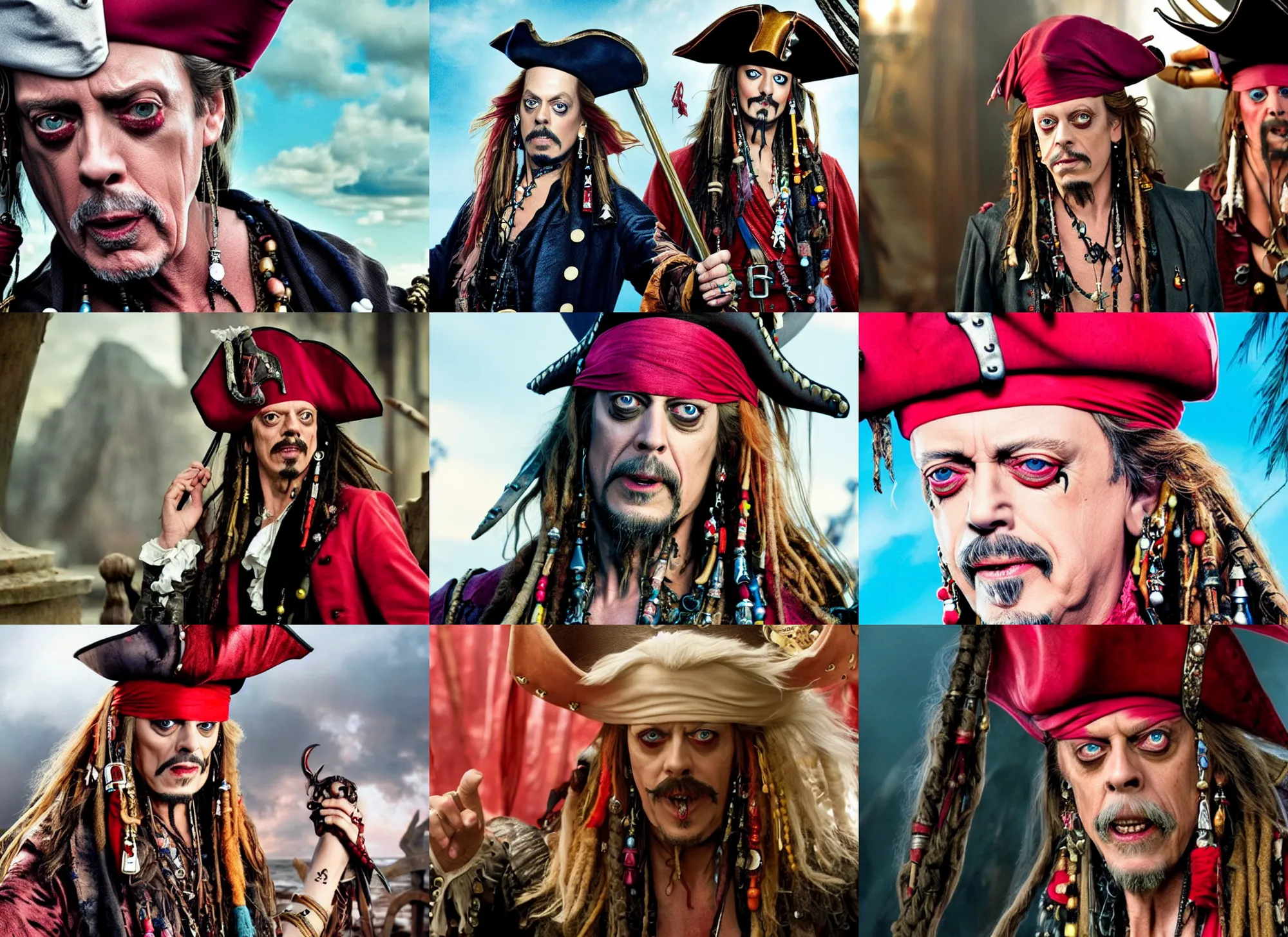 Prompt: steve buscemi as a flamboyant pirate, movie still, from the new pirates of the caribbean movie, 8 k, realistic