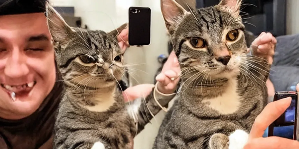 Image similar to a funny cat standing on its hind legs slaps a phone out of a dogs paw who is taking a selfie