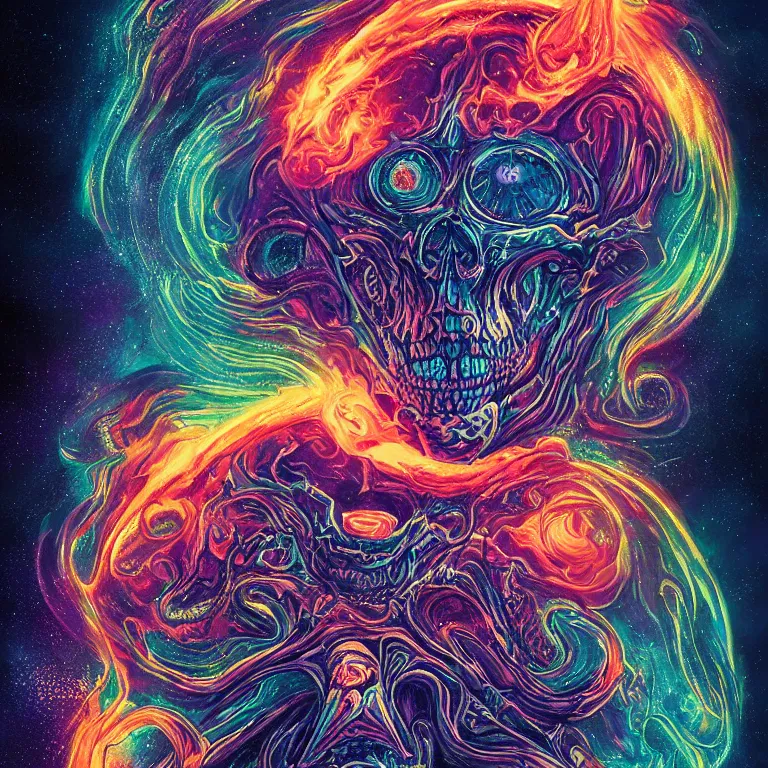 Image similar to a centered giant skull with intricate rune carvings and glowing eyes with thick lovecraftian tentacles emerging from a space nebula by dan mumford, symmetry, twirling smoke trail, a twisting vortex of dying galaxies, digital art, vivid colors, highly detailed