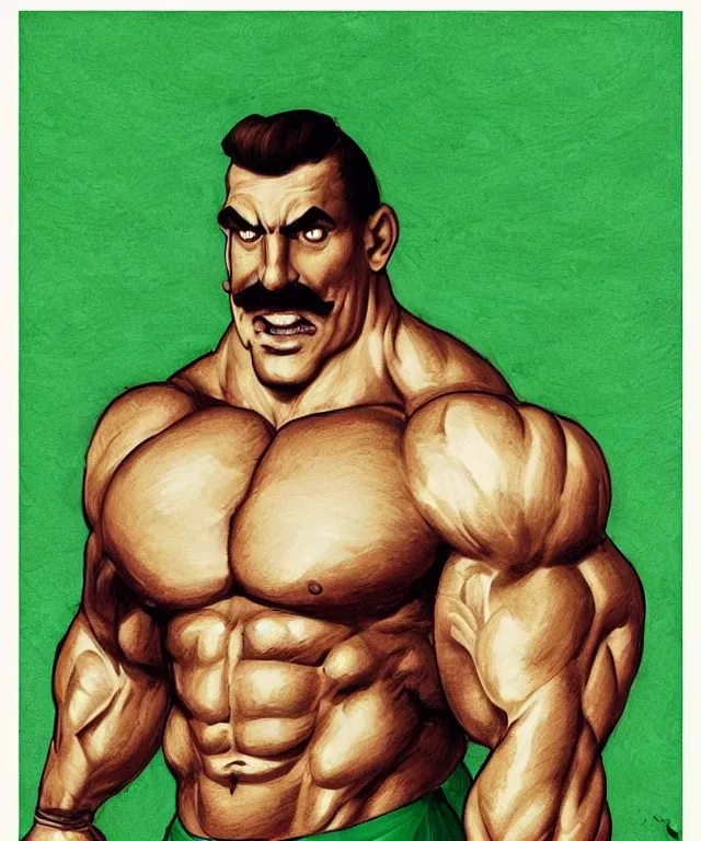 Image similar to muscular luigi wearing a green jumpsuit pumping iron in a dingy gym by ilya kuvshinov, bodybuilder ernest khalimov, super mario bros symmetrical face concept art, hyper realistic, intricate, elegent, highly detailed, digital painting, concept art, smooth, sharp, focus, illustration, art by artgerm and greg rutkowski and alphonse mucha, artstation