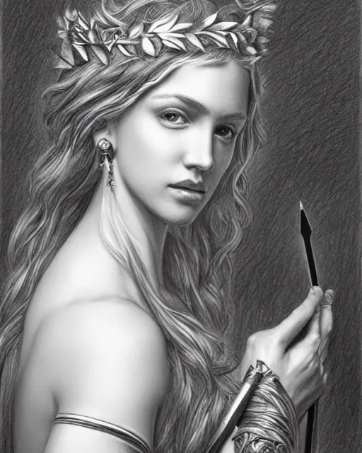 Image similar to pencil drawing of the very beautiful greek goddess aphrodite wearing a laurel wreath with arrowhead earrings, piercing eyes, beautiful flowing hair, hyper realistic face, in the style of greg rutkowski, fantasy, amazing detail, epic, elegant, smooth, sharp focus