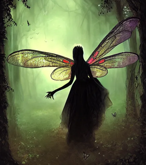 Image similar to gothic fairy with dragonfly wings, digital painting, liminal eerie midnight backlit, a picture taken by Michael Komarck