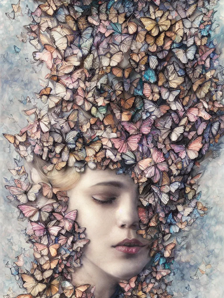 Prompt: a chaotic whirlwind of butterflies, intricate details, aesthetically pleasing and harmonious natural and pastel colors, art by marco mazzoni, impressionism, no people present, detailed, dark, wind