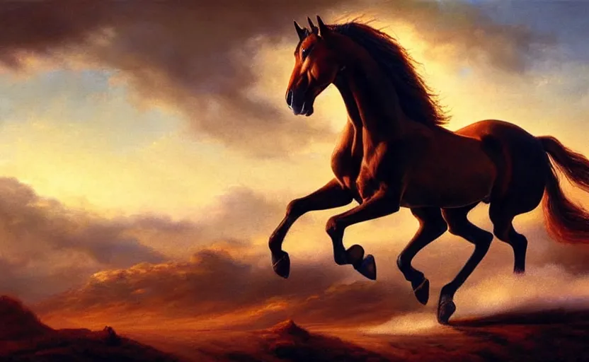 Prompt: a masterpiece oil painting of a proud horse galloping alone. wide angle, fantasy art, alex ross, heroic lighting, very very very beautiful raytraced rendering