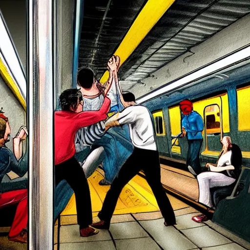 Image similar to an illustration of people fight in new york city subway, hyper detailed, hd, 8 k, colorful,